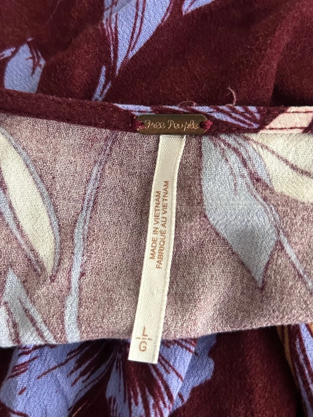 Free People Womens Maroon & Purple Floral V-Neck Smocked Long Sleeve Tunic Top L - Picture 9 of 10